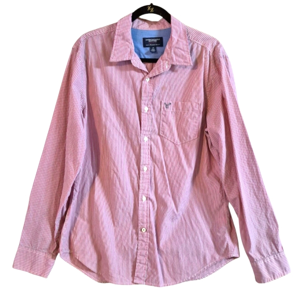 American Eagle Mens Large Athletic Fit Cotton Button Pink Stripped Shirt